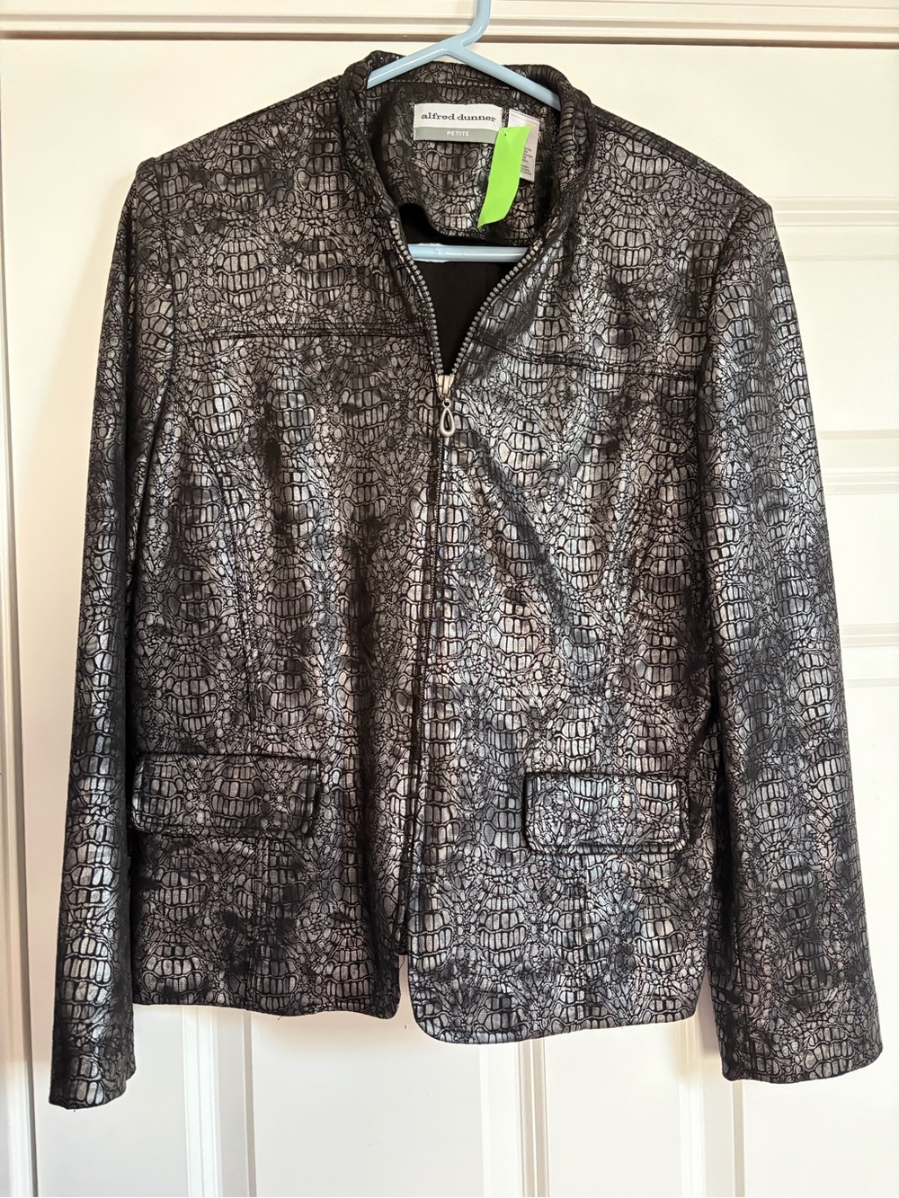 Alfred Dunner Black Metallic Croc-Embossed Zip Jacket 10P